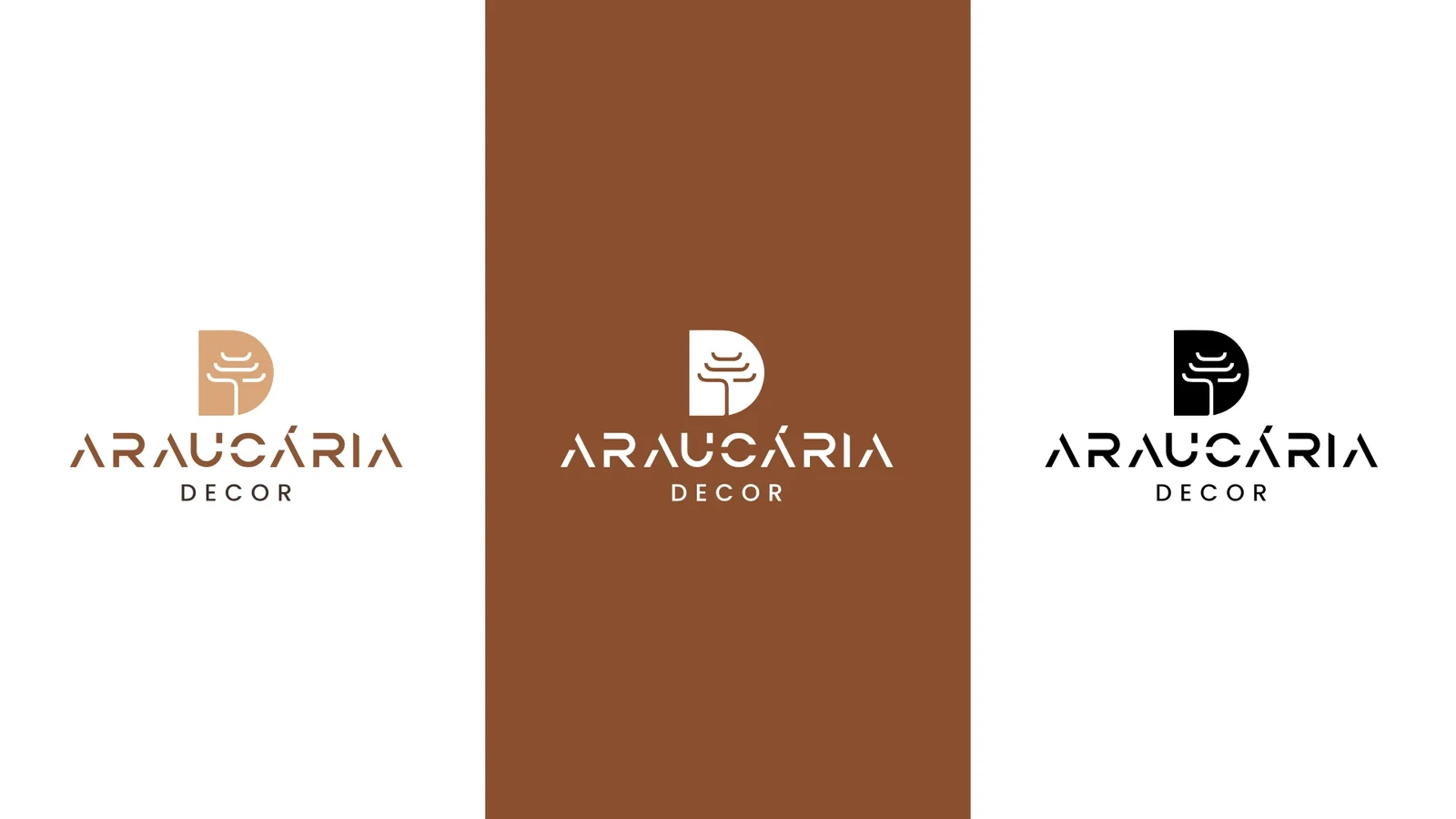 Variações da identidade Araucária Decor em tons terrosos e preto